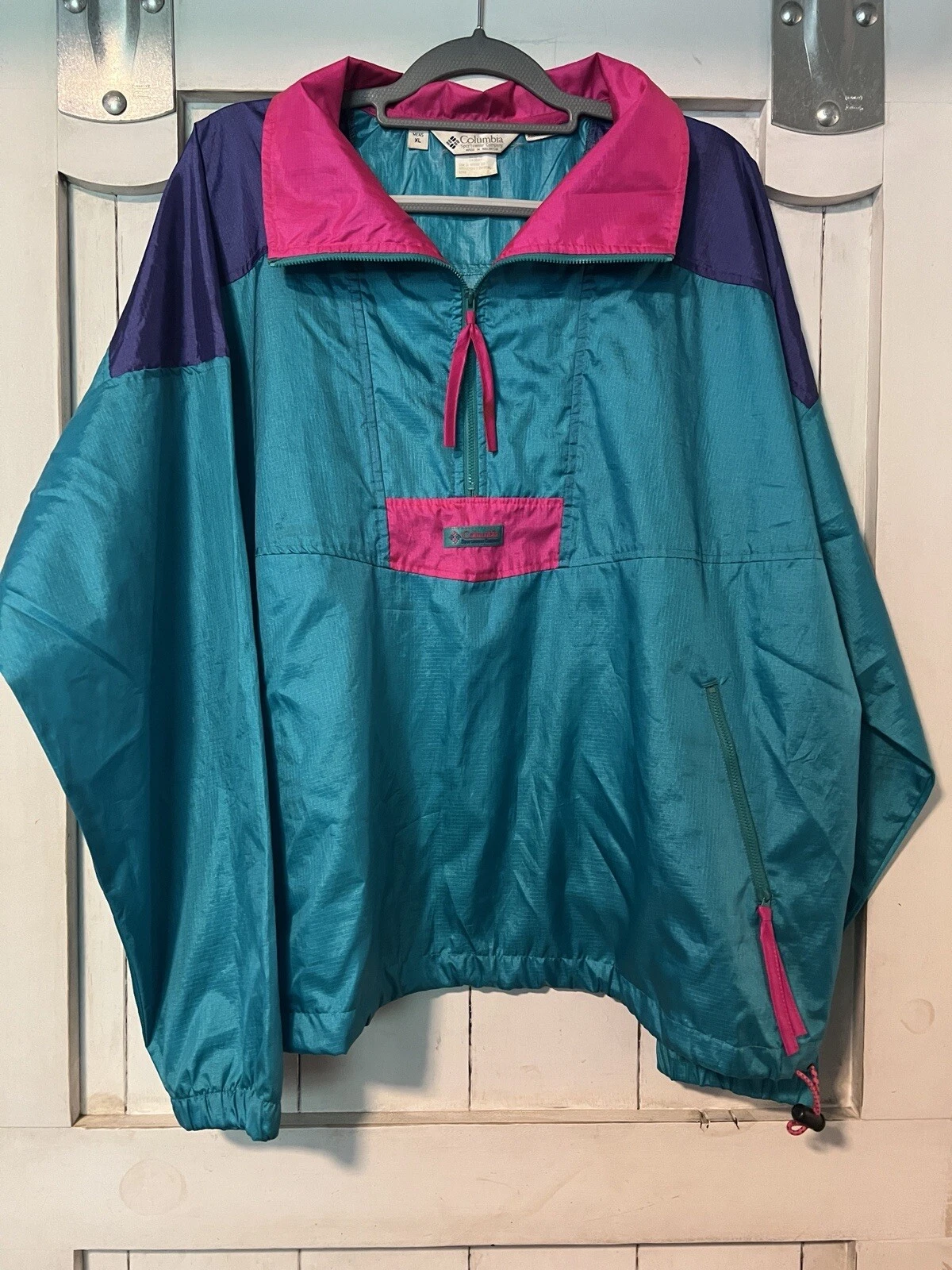 Vintage Columbia Windbreaker 80s Color Block Women's XL Pink Purple Green