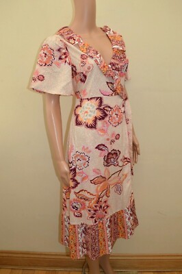 New Next Petite Floral Beige Coral Mix Wrap Dress Sz UK 10