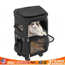 2 Tiers Rolling Pet Carrier with Side Pockets Cat Carrier with 4 Wheels Black