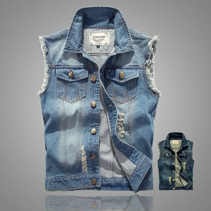 Mens Sleeveless Jacket Vest Waistcoat Fastener Distress Denim