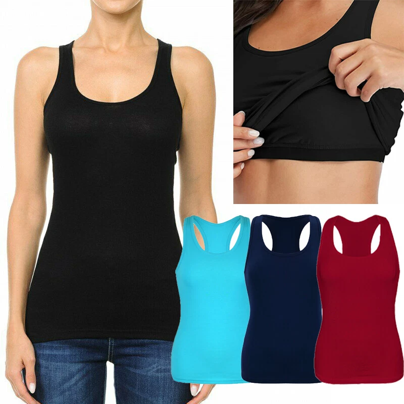 Women's Basic Solid Scoop Neck Racerback Tank Top With Built in Shelf Bra  Shirt