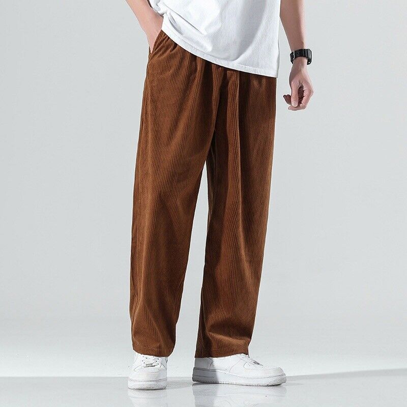 Mens Loose Straight Corduroy Pants Streetwear Cord Trousers Comfort Bottoms