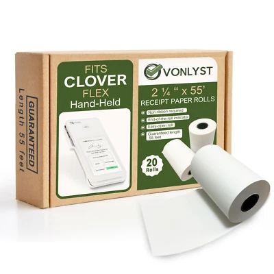 Vonlyst Thermal Paper Roll for Clover Flex Receipt Paper 2 1/4 x 55 (20 rolls)