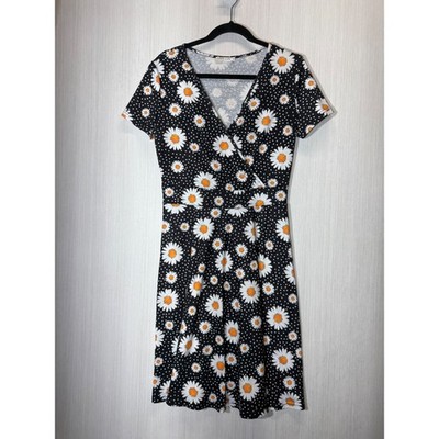 MSBASIC Women Black Daisy Polka Dot Floral Faux Wrap V-Neck Dress Medium