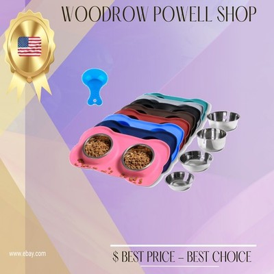 2 Stainless Steel Dog Bowls with Non Slip Silicone Mat & Food Scoop Pink