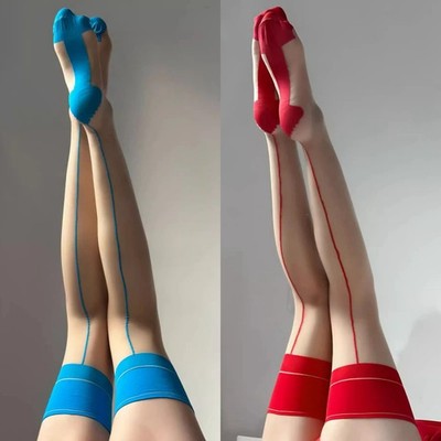 1pc Women Thigh High Stockings Retro Cuban Heel Back Seam Ultra Thin 10D Wear