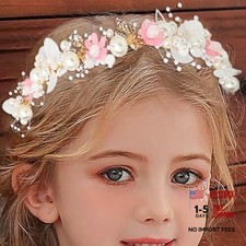 Wedding Flower Girl Headpiece Pearl Bridal Headband, Floral Crystal Prom Pink