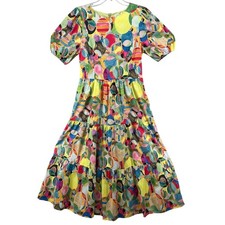 NWT TCEC Dress Women Sz L Midi Multicolor Puff Sleeve Layered Lined Pockets 80's