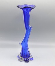 Hand Blown 11" Art Glass Vase Cobalt Blue Cased in Clear