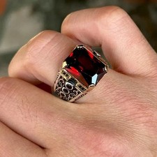 Handmade 925 Sterling Silver Garnet Ruby Stone Ring Men's Ottoman Style Red