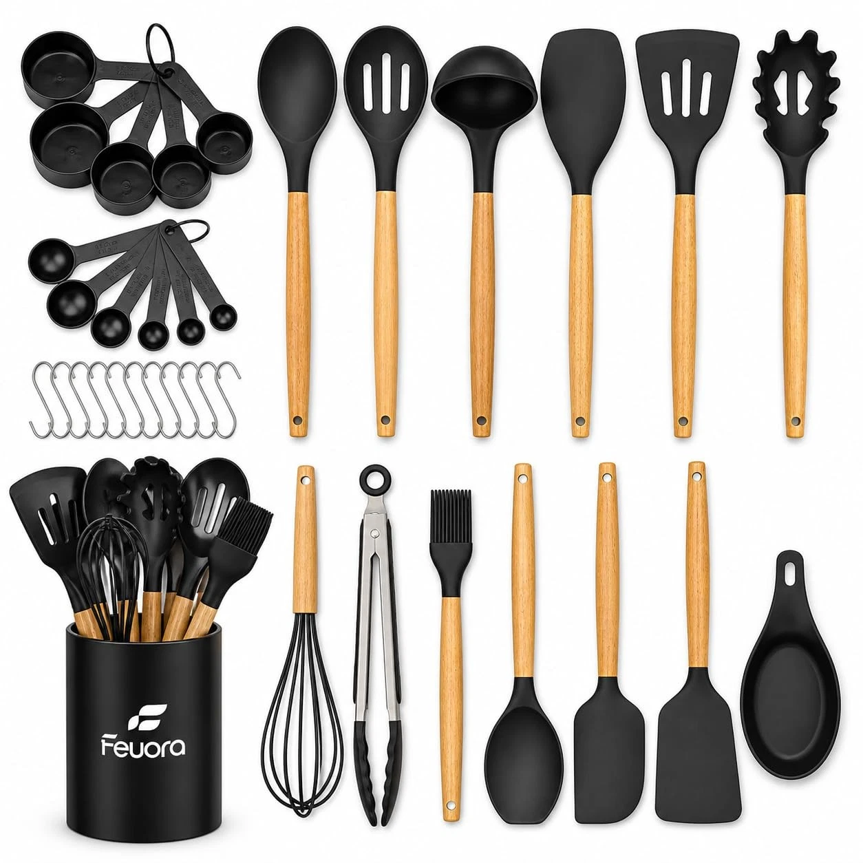 33PCS Silicone Kitchen Utensil Set, Nonstick Cooking Utensils with Wooden Han...