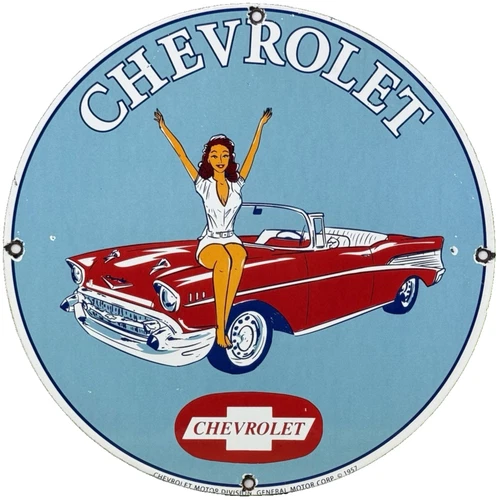 VINTAGE CHEVROLET PIN UP PORCELAIN SIGN GENERAL MOTORS DEALERSHIP GAS OIL FORD