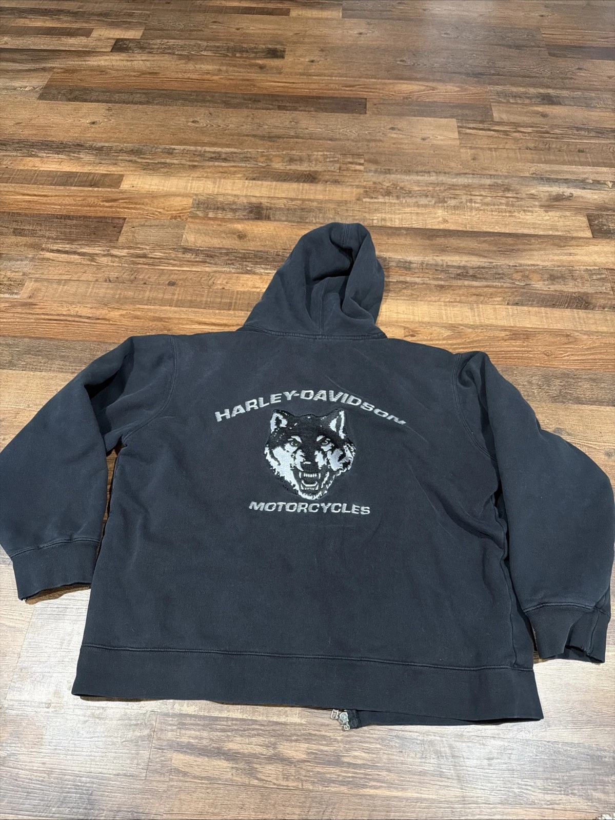 Vintage Harley Davidson Faded Zip Up Hoodie Size Large Wolf Black/Gray Jacket