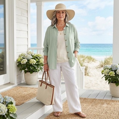 Wms Oversized Coastal Grandma Button Down Sage Green Cotton Shirt XXL Hotouch