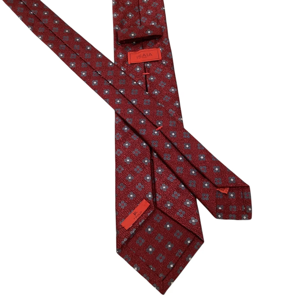 Corbata de seda para hombre ISAIA Napoli SEVENFOLD ITALIA lujo geométrica borgoña usada en excelente estado Foto 3 de 4
