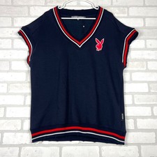 Playboy x Missguided blu navy Varsity maglione gilet rosso coniglietto logo uomo US 10