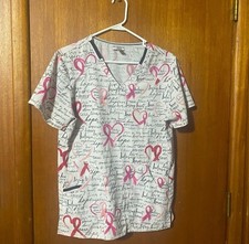Elle Women's Breast Cancer Awareness Scrub Top Size Medium Pink Ribbon