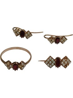 Vintage Jewellery Set Seed Pearls Red Stones Ring Earrings Brooch Preloved