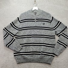 Chaps Mens Quarter Zip Sweater Large Knit Pullover Speckled Gray Black Stripes