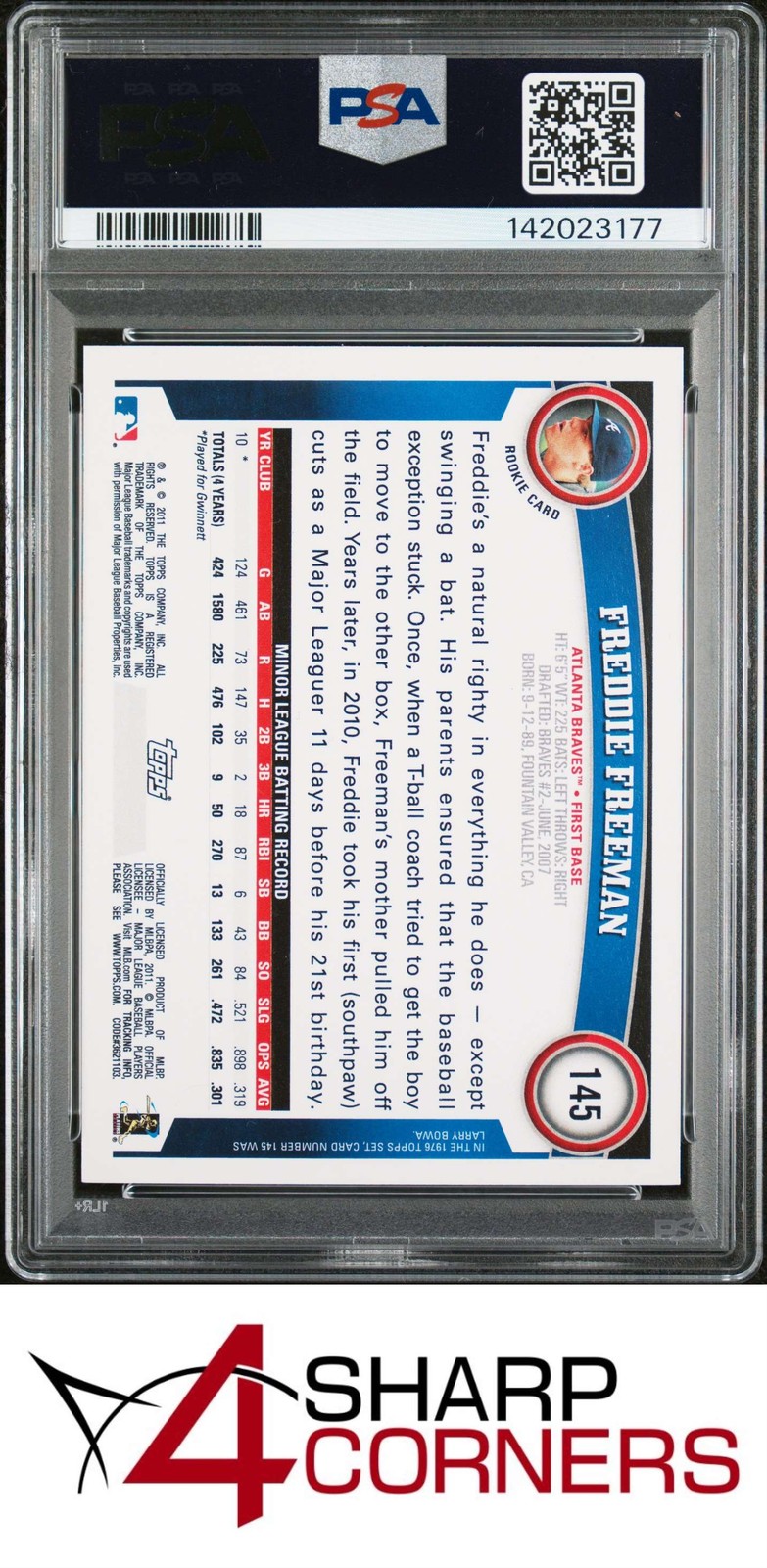 2011 TOPPS #145 FREDDIE FREEMAN RC BRAVES PSA 9 view 2