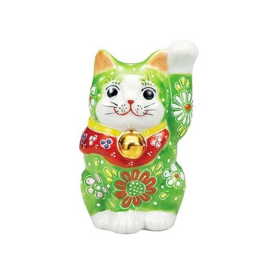Maneki Neko Kutani Ware Japanisch Lucky Cat Grün Mori (Gekreuzigtem) Linke Hand