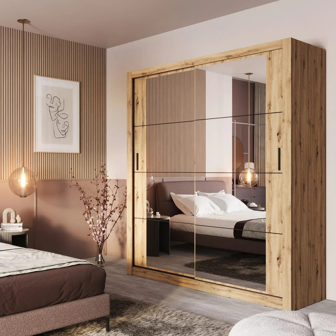 Arthauss Mirrored Sliding Door Wardrobe - Arti 3 in Oak Shetland 180cm Flat Pack Wardrobe with Customisable Interior Featuring Five Shelves and Two Hanging Rails - Mirrored Furniture for Space-Saving 25 Brand New Modern Sliding Mirrored Door Wardrobe Arti 3 Oak Artisan 181cm