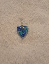 Handmade Murano Style Glass Heart Pendant Necklace – Blue Multicolor Swirl