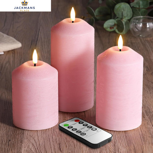 Eywamage Pink Flameless Pillar Candles with Remote, Flickering Real Wax