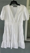 Zara White Swiss Dot Tiered Mini Dress Puff Sleeve V-Neck Boho Cottagecore Large