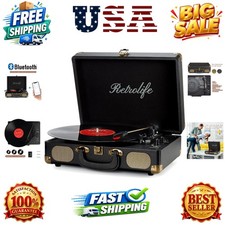 Vinyl Record Player 3-Speed Bluetooth Suitcase Portable Belt-Driven Record Pl...