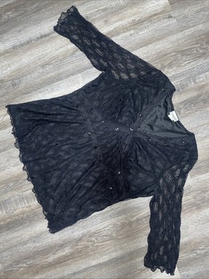 Vintage Fashion Bug Black Lace Top Plus 18/20 Y2K Whimsgoth Sheer Stretch Blouse