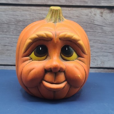 Ceramic Pumpkin Anthropomorphic Expressive Face Hand Painted Decor Vintage 