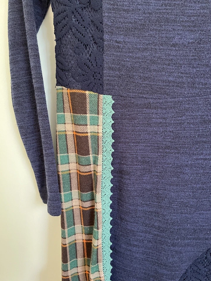 Joe Browns Size 10 Blue And Check Pattern Dress/ Lace Detail - Image 3 of 4