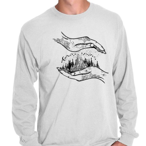 Spiritual Outdoor Mountains Celestial Hands Long Sleeve Crewneck Tee Men Women - Bild 13 von 16