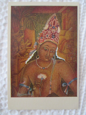 ALTE FARBIGE POSTKARTE, ''BODHISATTVA PADMAPANI, HÖHLE I, AJANTA, INDIEN
