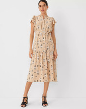 NEW ANN TAYLOR $169 BAGUETTE FLORAL FLUTTER SLEEVE FLARE MIDI DRESS SZ XS