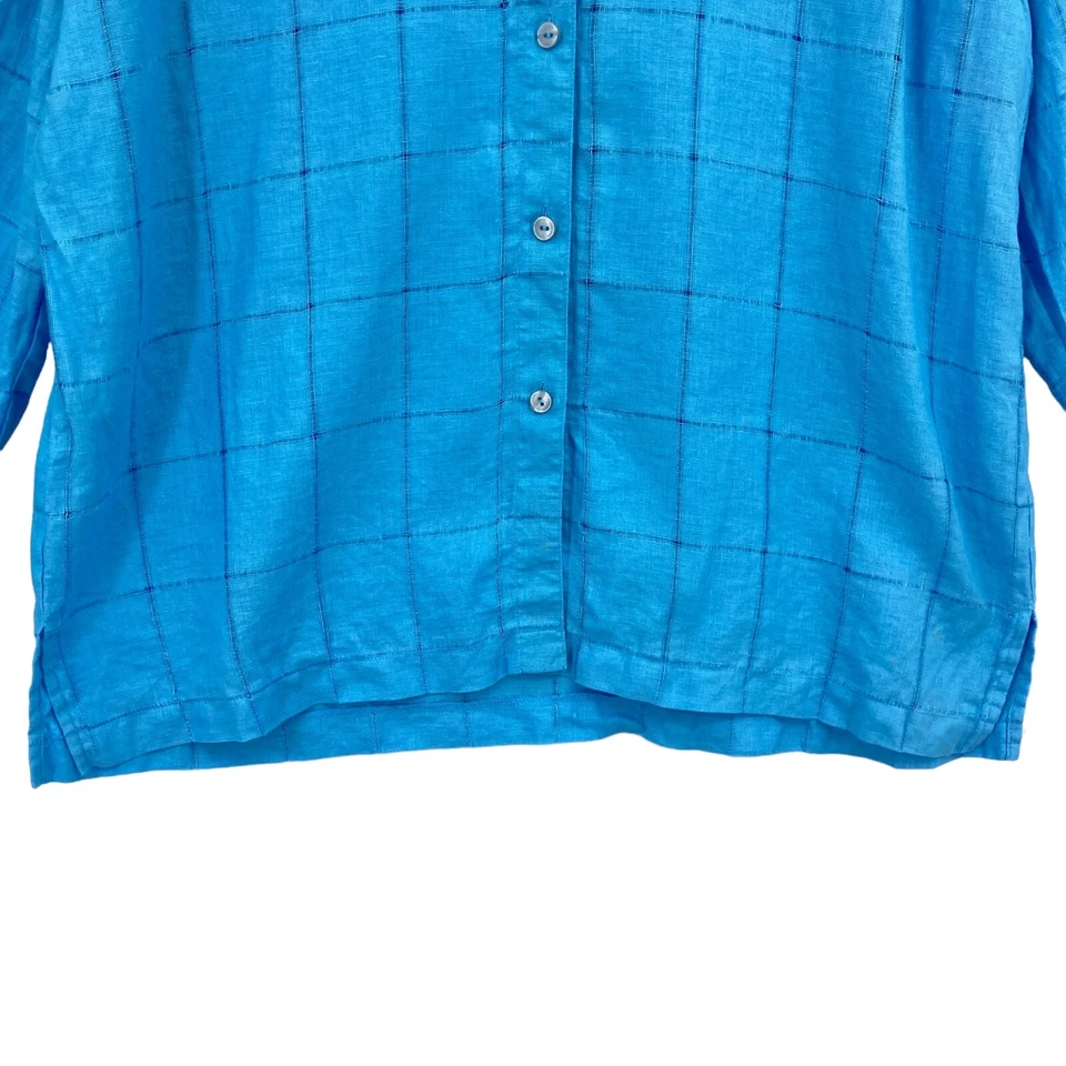 Camisa de lino JM Collection para mujer talla 18 azul liso botón abertura frontal Foto 4 de 4