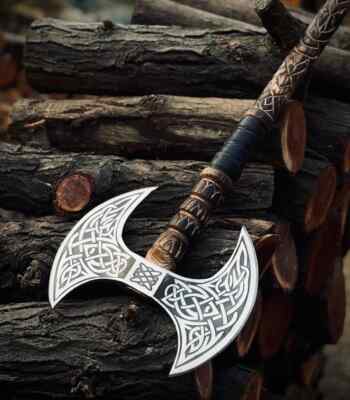 Custom Handmade Double Headed Viking Steel Axe And Engraved Blade With Ash Wood