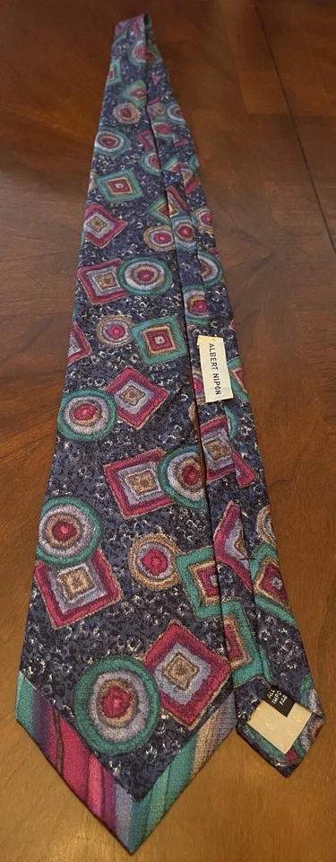 Albert Nipon Blue Purple Green Hand Made 100% Silk Men’s Neck Tie Made In USA - Image 3 of 4