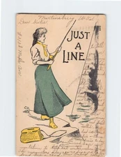 Postcard "Just a Line" Woman with Fishing Rod Art Print