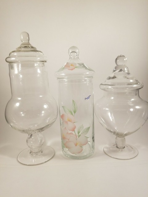 Clear Glass Apothecary Jars 3 Piece Set With Bird Lid Design