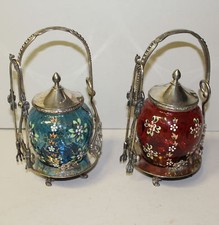 Pair of Victorian Silver Plated Art Glass Pickle Castors 1 Cranberry 1 Blue