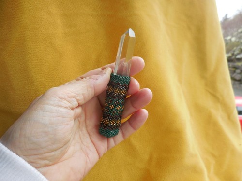 Quartz Crystal Point Beaded Rasta Wand in Green Black Red Gold Wiccan Magick - Picture 2 of 7