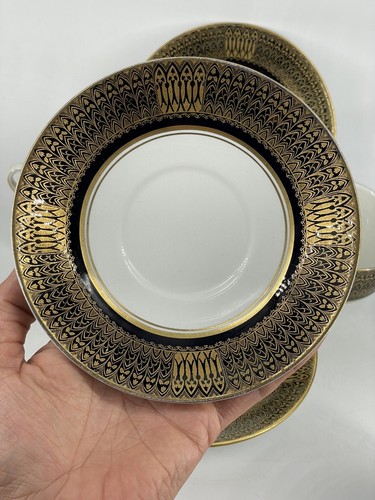 Soho pottery Solian ware Two Handle Cream Soup Bowl Cup Blue Gold Art Deco cathe - Picture 9 of 18