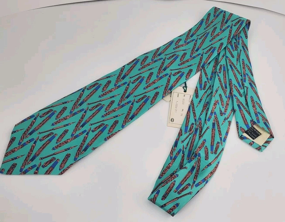 Corbata de seda Gucci vintage 100 % seda verde azulado diseño pluma estilográfica nueva con etiquetas Foto 2 de 4