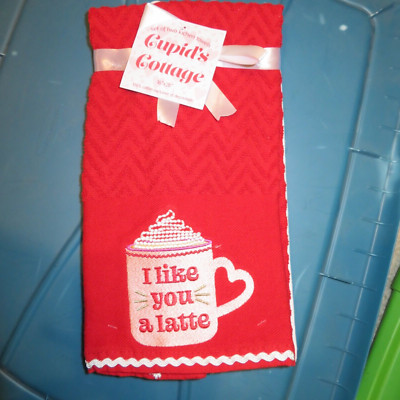 I Like You a Latte Valentines Kitchen Towels Cupid's Cottage NWT