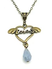 Winged Heart "Lovely" with Gray Glass Bead 21" Pendant Necklace Lobster clasp