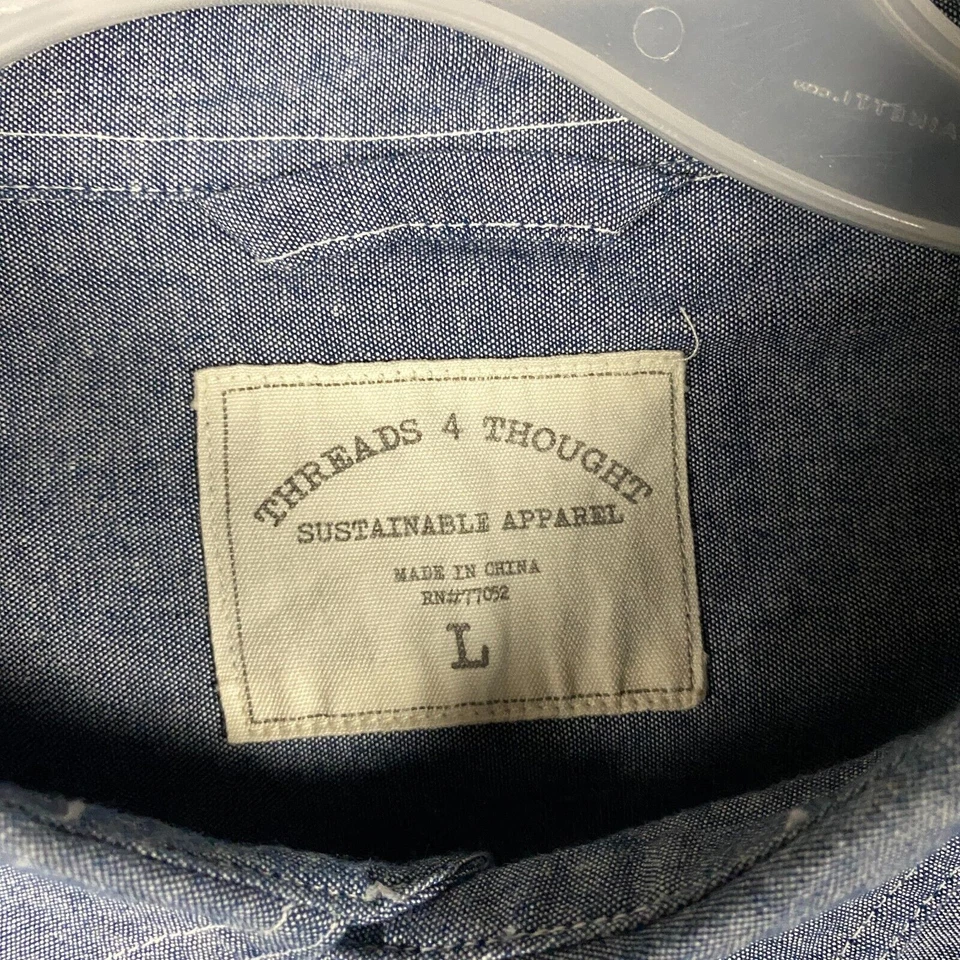 Threads 4 Thought Button Up Shirt Men's Large Long Sleeve Blue 100% Cotton L - Image 3 of 4