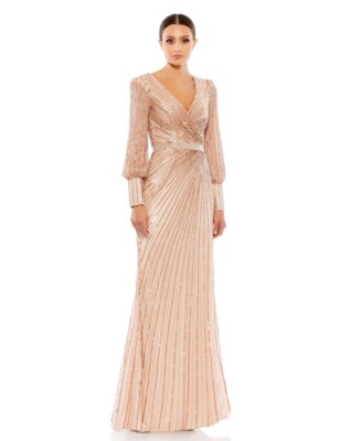 MAC DUGGAL SEQUINED WRAP OVER BISHOP SLEEVE GOWN SIZE 16 COPPER $598