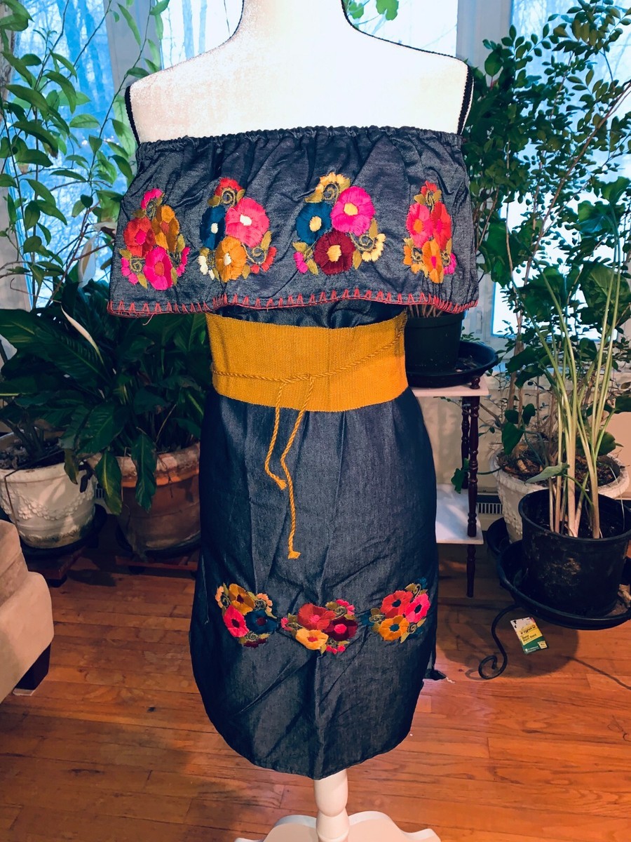 Maya Mexican Dress Belt Vestido Campesino Faja Flowers Chiapas Denim Large  Q26 | eBay